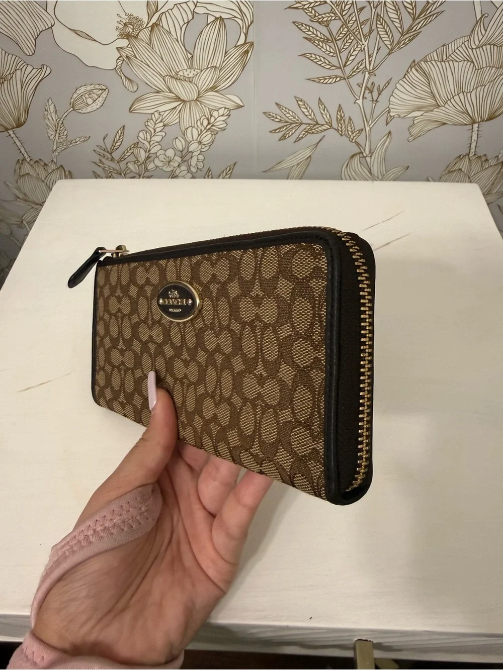 Coach Zip Wallet in Brown Signature Canvas with Black Trim